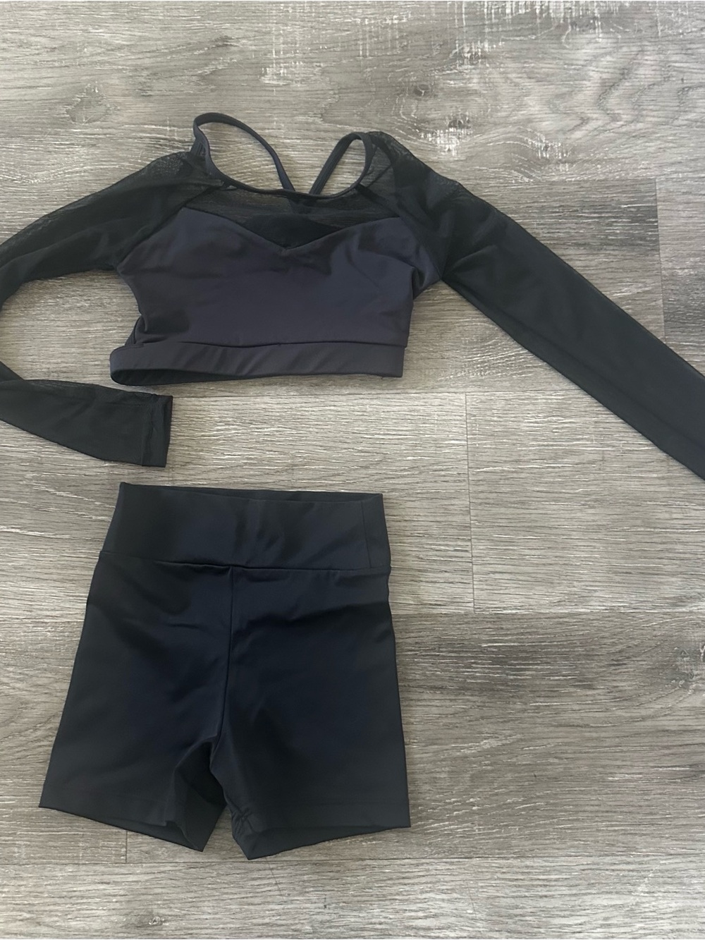 Black Dance Two-Piece Set with Mesh Long Sleeve Crop Top